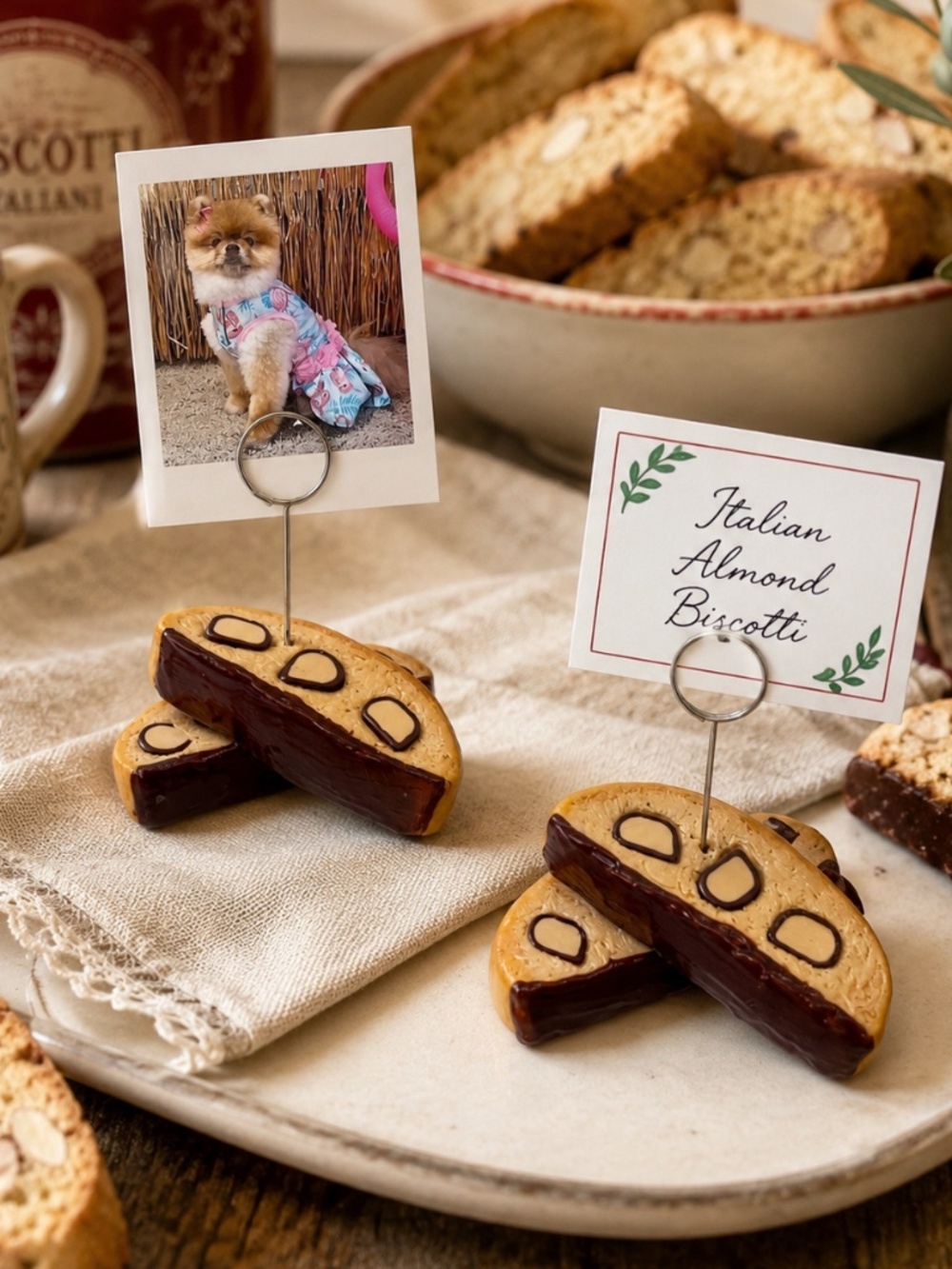 Almond Biscotti Cookie Photo & Place Card Holder, Food Label | Handmade Set of 2